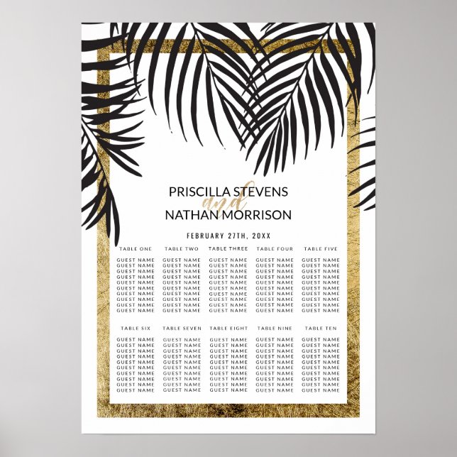 Black Palm Tree Fronds Gold Border Seating Chart (Front)