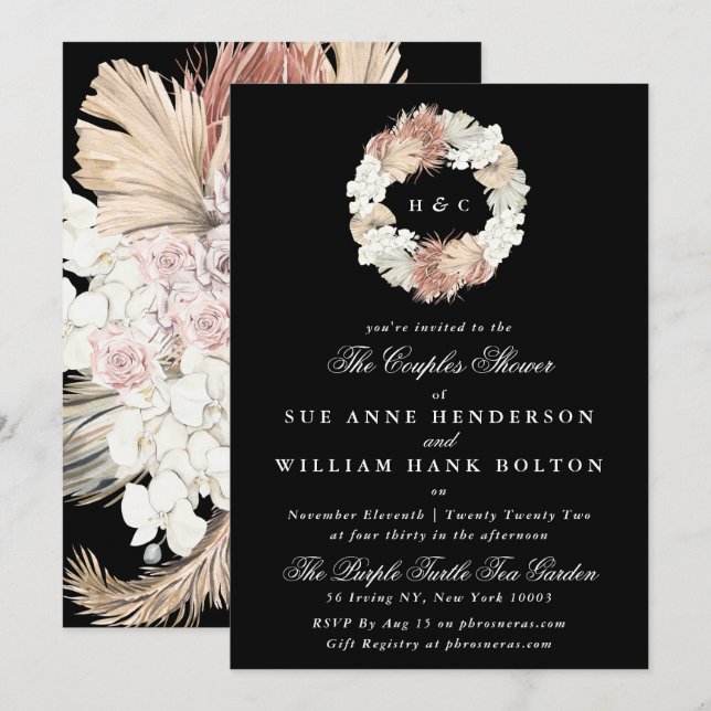 Black Pampas Floral Monogram Wreath Couples Shower Invitation (Front/Back)