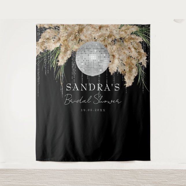 Black Pampas Grass Disco Bridal Shower Backdrop Tapestry (Front)