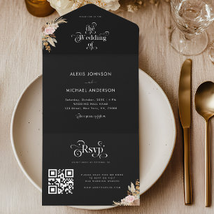 Black Pampas Grass Floral & Retro Boho Typography All In One Invitation