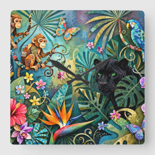 Black Panther Africa Cheerful Collage Style Jungle Square Wall Clock