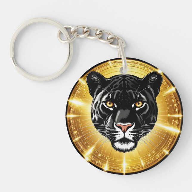 Black Panther Art with a Radiant Golden Halo Keychain (Front)
