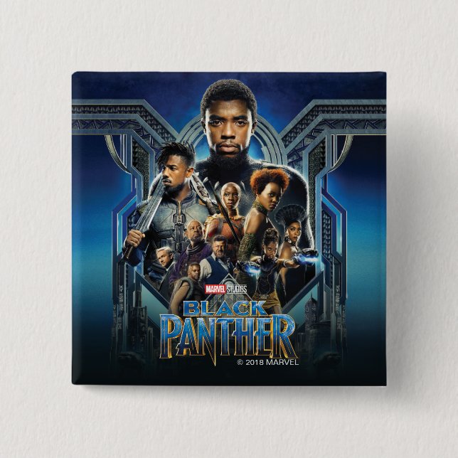 Black Panther | Characters Over Wakanda 2 Inch Square Button (Front)