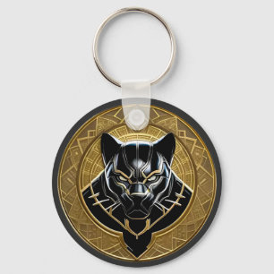 Black Panther Icon With Golden Geometric Backdrop Keychain