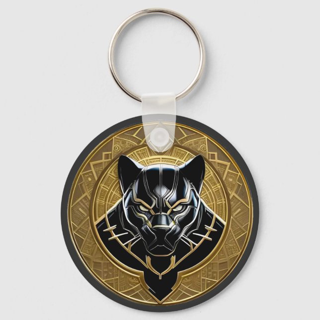 Black Panther Icon With Golden Geometric Backdrop Keychain (Front)