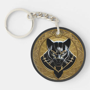 Black Panther Icon With Golden Geometric Backdrop Keychain