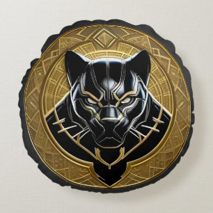Black Panther Icon With Golden Geometric Backdrop Round Pillow