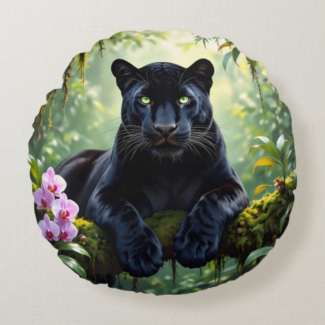 Black Panther in the Jungle Round Pillow (Front)