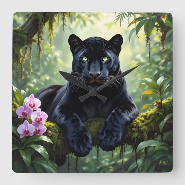 Black Panther in the Jungle Square Wall Clock (Front)