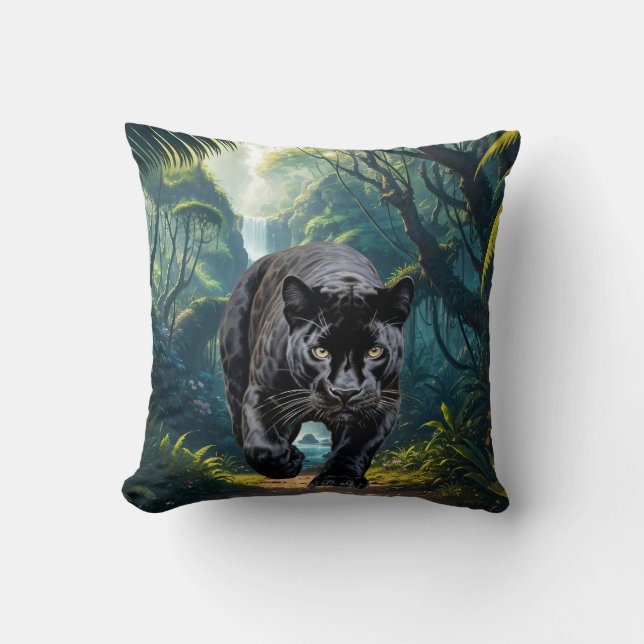 Black Panther in the Jungle Throw Pillow (Front)