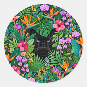 Black Panther Jungle Flowers & Tropical Foliage Classic Round Sticker