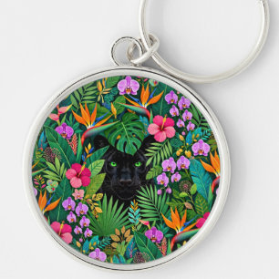 Black Panther Jungle Flowers & Tropical Foliage Keychain