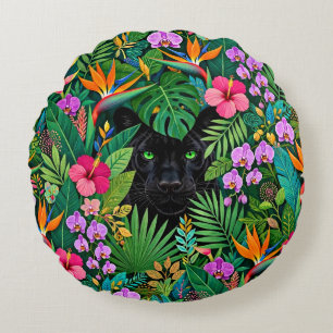 Black Panther Jungle Flowers & Tropical Foliage Round Pillow