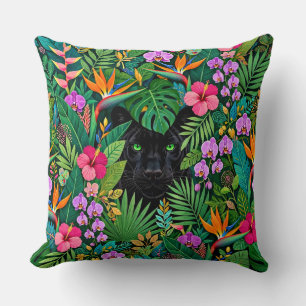 Black Panther Jungle Flowers & Tropical Foliage Throw Pillow
