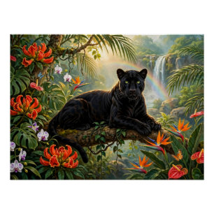 Black Panther Kenya Jungle Flowers Waterfall Poster