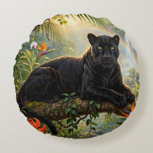 Black Panther Kenya Jungle Flowers Waterfall Round Pillow