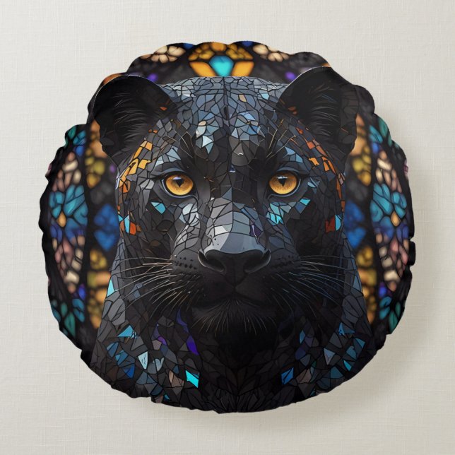 Black Panther Mosaic Stained Glass Round Pillow (Front)