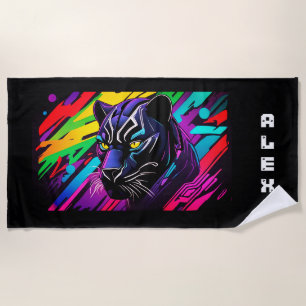 Black panther on graffiti background with first na beach towel