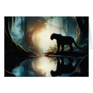 Black Panther Reflected in Pool of Water in Jungle