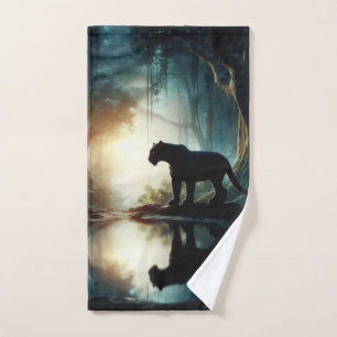 Black Panther Reflected in Pool of Water in Jungle Bath Towel Set