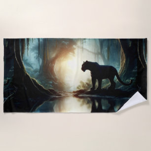 Black Panther Reflected in Pool of Water in Jungle Beach Towel