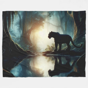 Black Panther Reflected in Pool of Water in Jungle Fleece Blanket