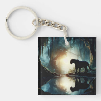 Black Panther Reflected in Pool of Water in Jungle Keychain