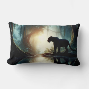 Black Panther Reflected in Pool of Water in Jungle Lumbar Pillow