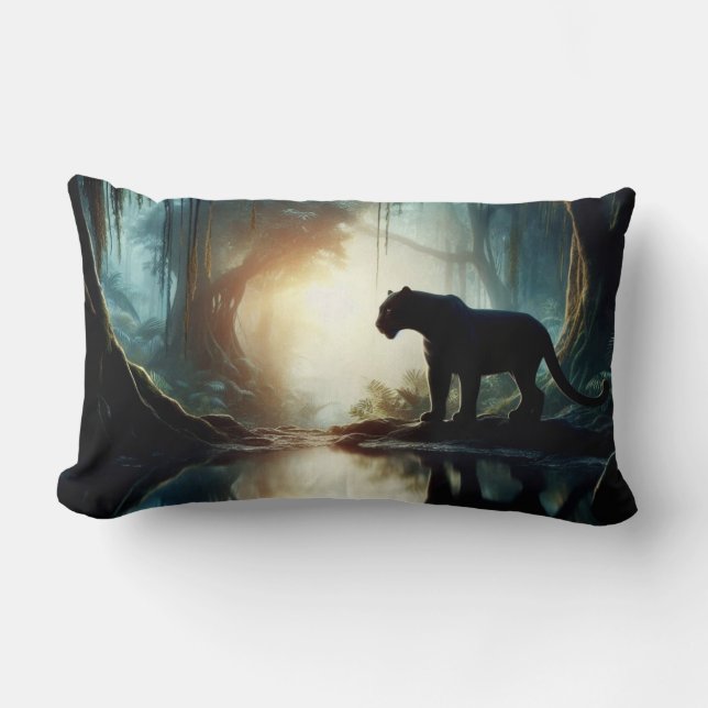 Black Panther Reflected in Pool of Water in Jungle Lumbar Pillow (Front)