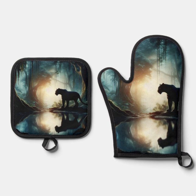 Black Panther Reflected in Pool of Water in Jungle Oven Mitt & Pot Holder Set (Front)