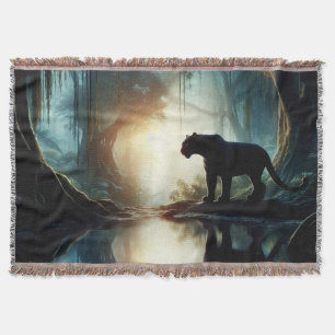 Black Panther Reflected in Pool of Water in Jungle Throw Blanket