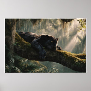 Black Panther Resting on Branch in Dense Forest Poster