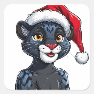Black Panther Wearing Christmas Hat Square Sticker