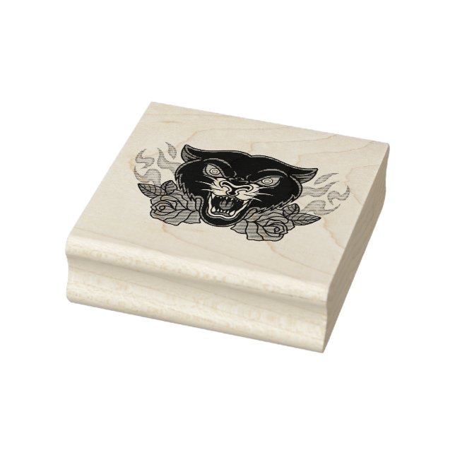 Black Panther with Roses and Flames Rubber Stamp (Stamp)