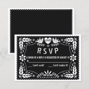 Black papel picado love birds and flowers wedding  RSVP card