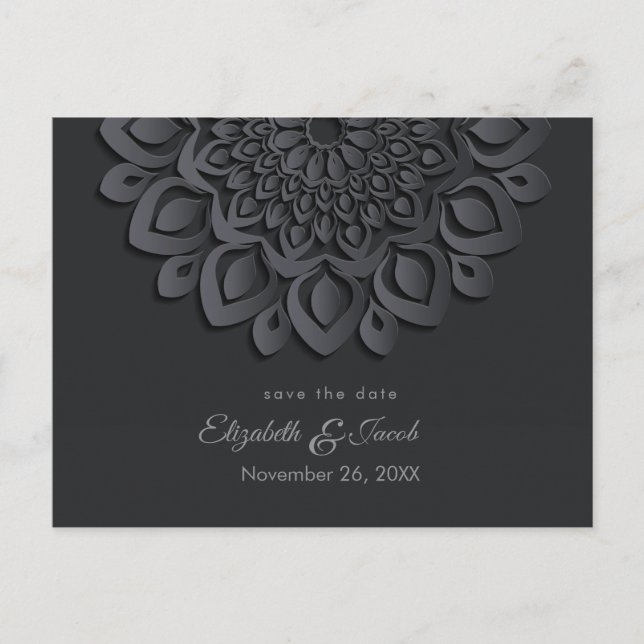 Black Paper Cut Mandala Save the Date Postcard (Front)