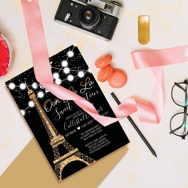 Black Paris Eiffel Tower Glitter Lights Sweet 16 Invitation (Creator Uploaded)