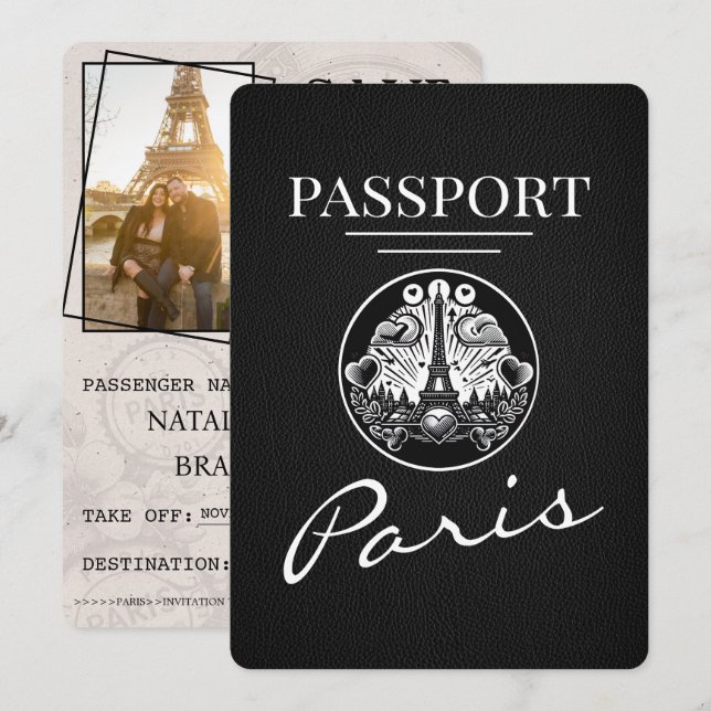 Black Paris Passport Save The Date (Front/Back)