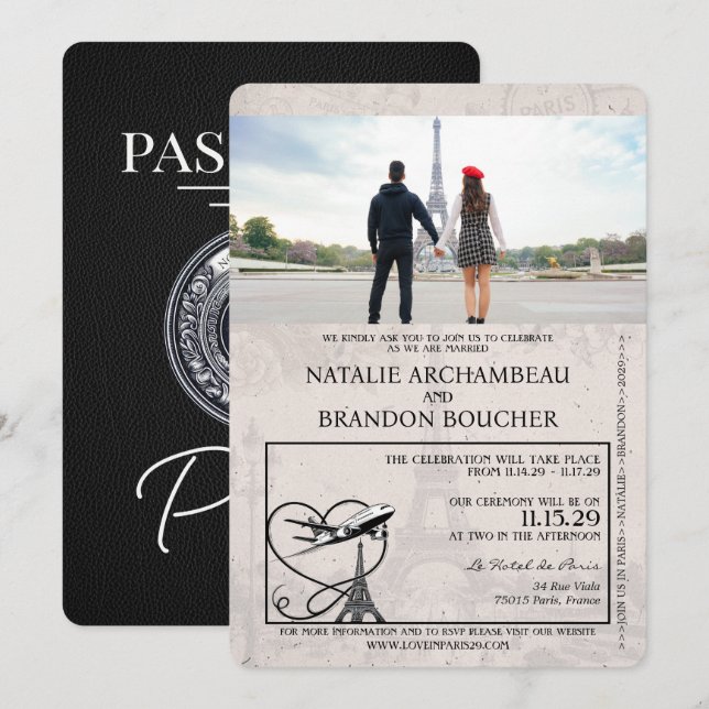 Black Paris Passport Wedding Invitation (Front/Back)