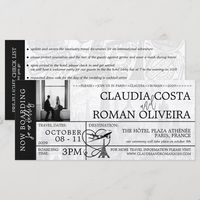 Black Paris Wedding Boarding Pass (Front/Back)