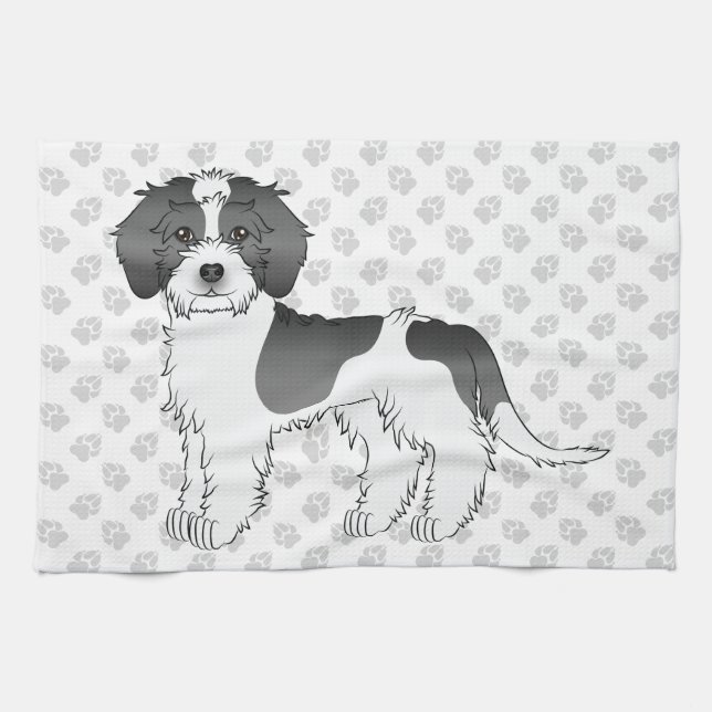Black Parti-colour Mini Goldendoodle Dog & Paws Kitchen Towel (Horizontal)