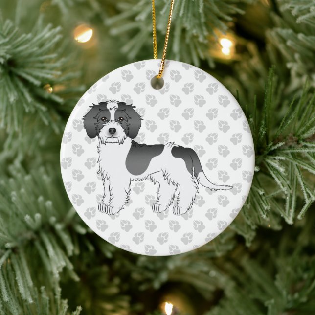 Black Parti-colour Mini Goldendoodle Dog & Text Ceramic Ornament (Tree)