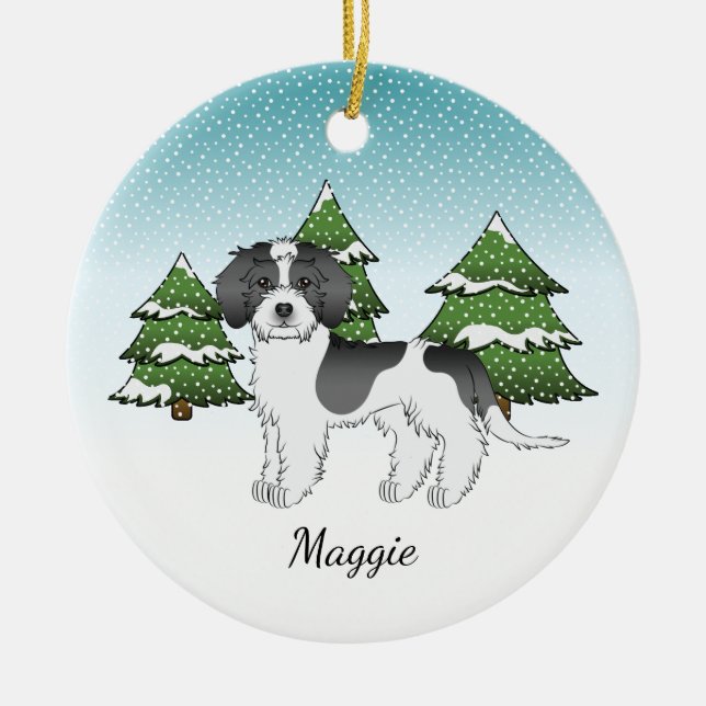 Black Parti-colour Mini Goldendoodle Winter Forest Ceramic Ornament (Front)