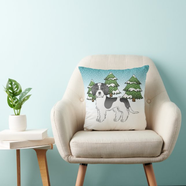 Black Parti-colour Mini Goldendoodle Winter Forest Throw Pillow (Chair)