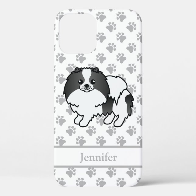 Black Parti-Colour Pomeranian Cartoon Dog & Name Case-Mate iPhone Case (Back)