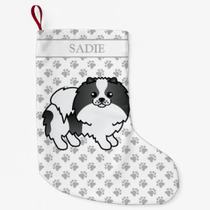 Black Parti-Colour Pomeranian Cartoon Dog & Name Small Christmas Stocking