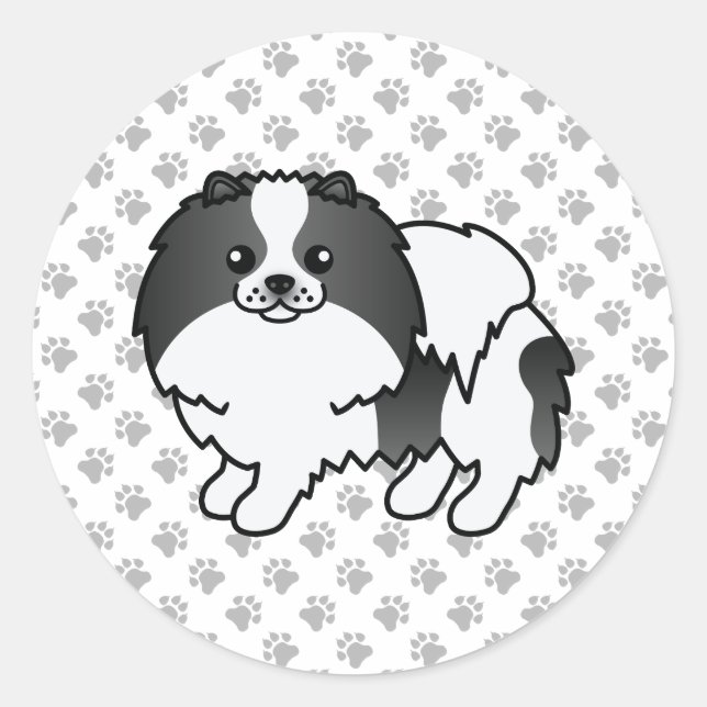 Black Parti-Colour Pomeranian Cartoon Dog & Paws Classic Round Sticker (Front)