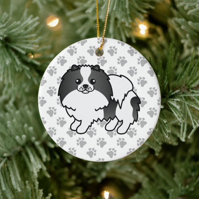 Black Parti-Colour Pomeranian Cute Dog & Paws Ceramic Ornament (Tree)