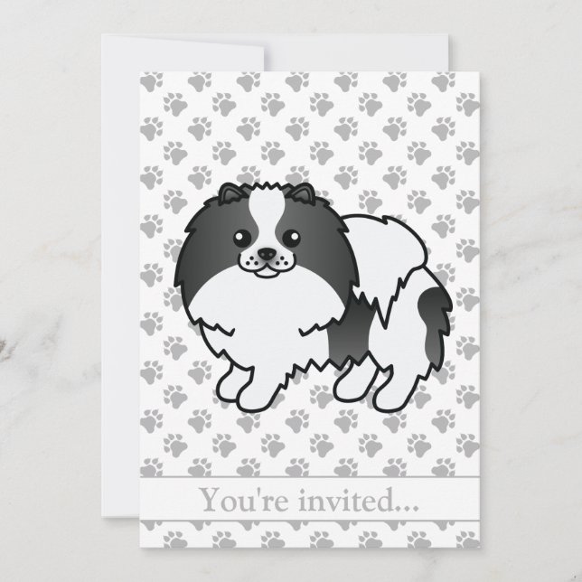 Black Parti-Colour Pomeranian Dog Birthday Party Invitation (Front)