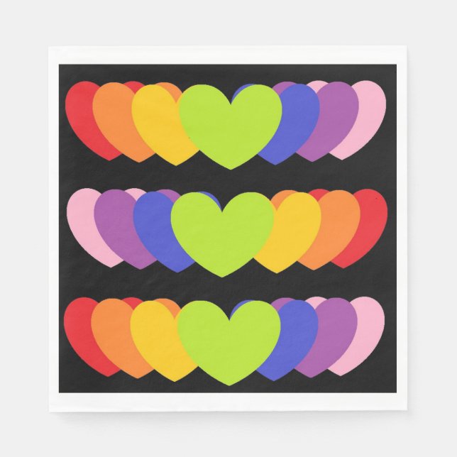 Black Party Napkins with Rainbow Coloured Hearts (Front)